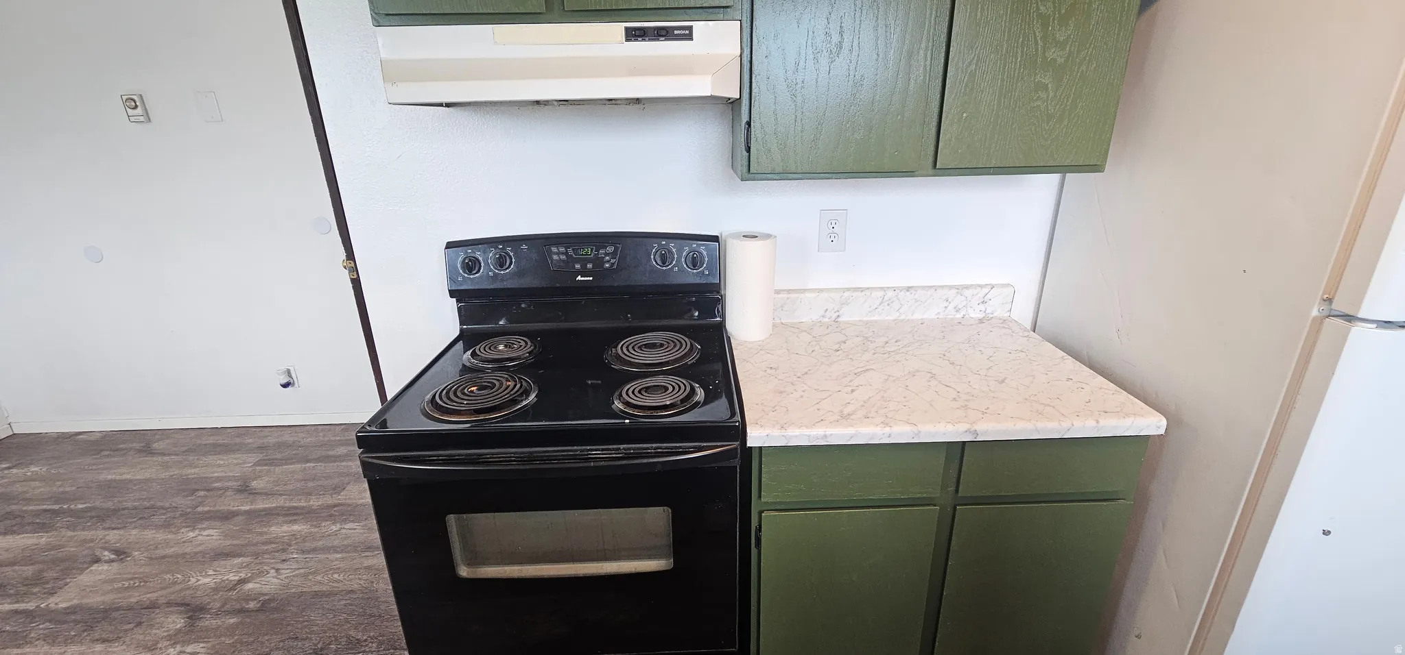 Kitchen featuring a black electric range, light-toned countertop, and green cabinetry
