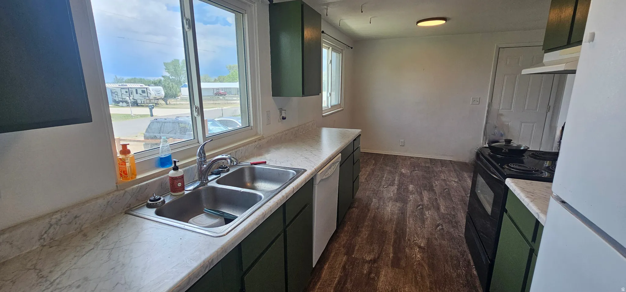 Kitchen featuring a dual basin sink, white countertop, dark wood-finish flooring, and green cabinetry