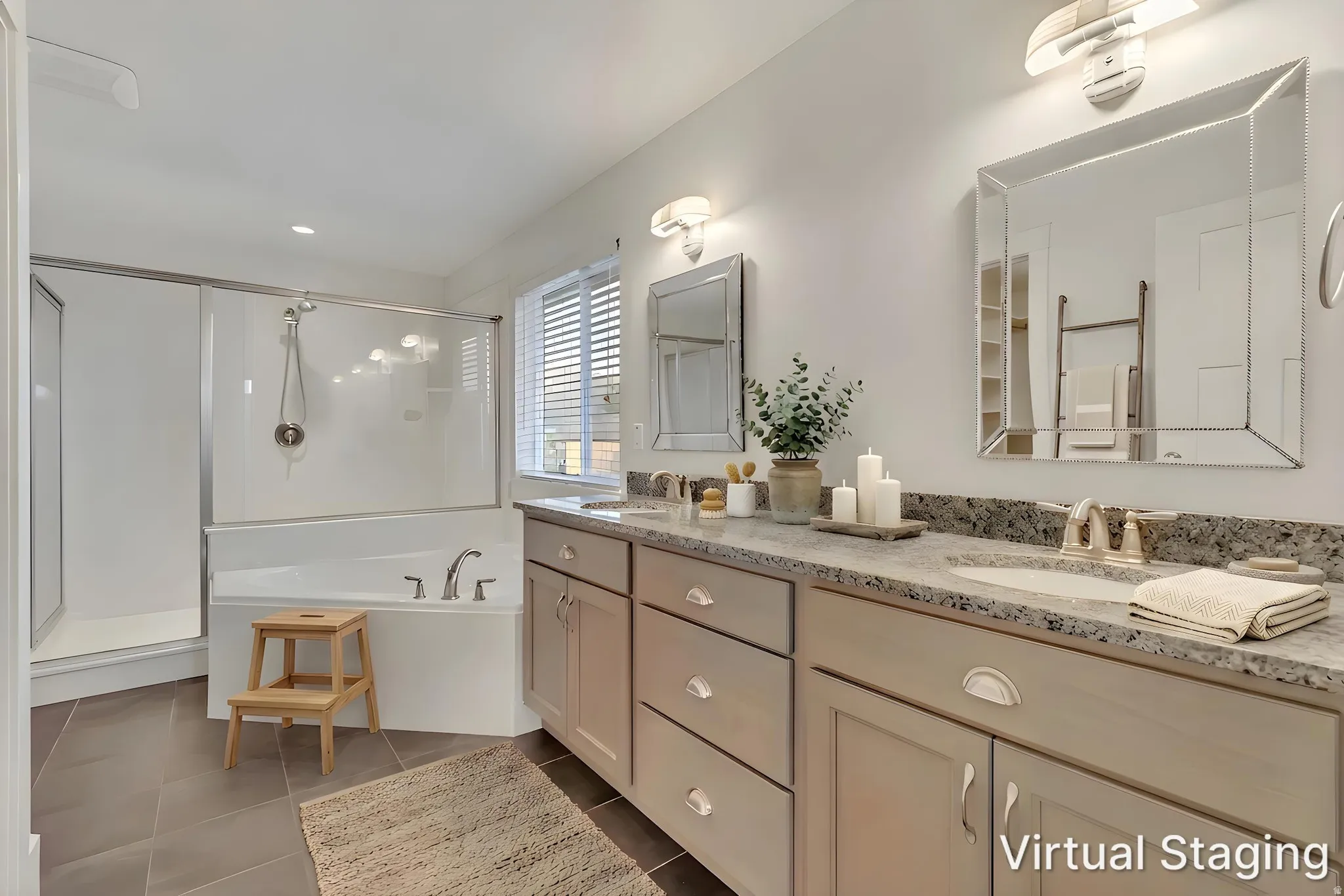 Dual vanity with granite countertops and undermount sinks