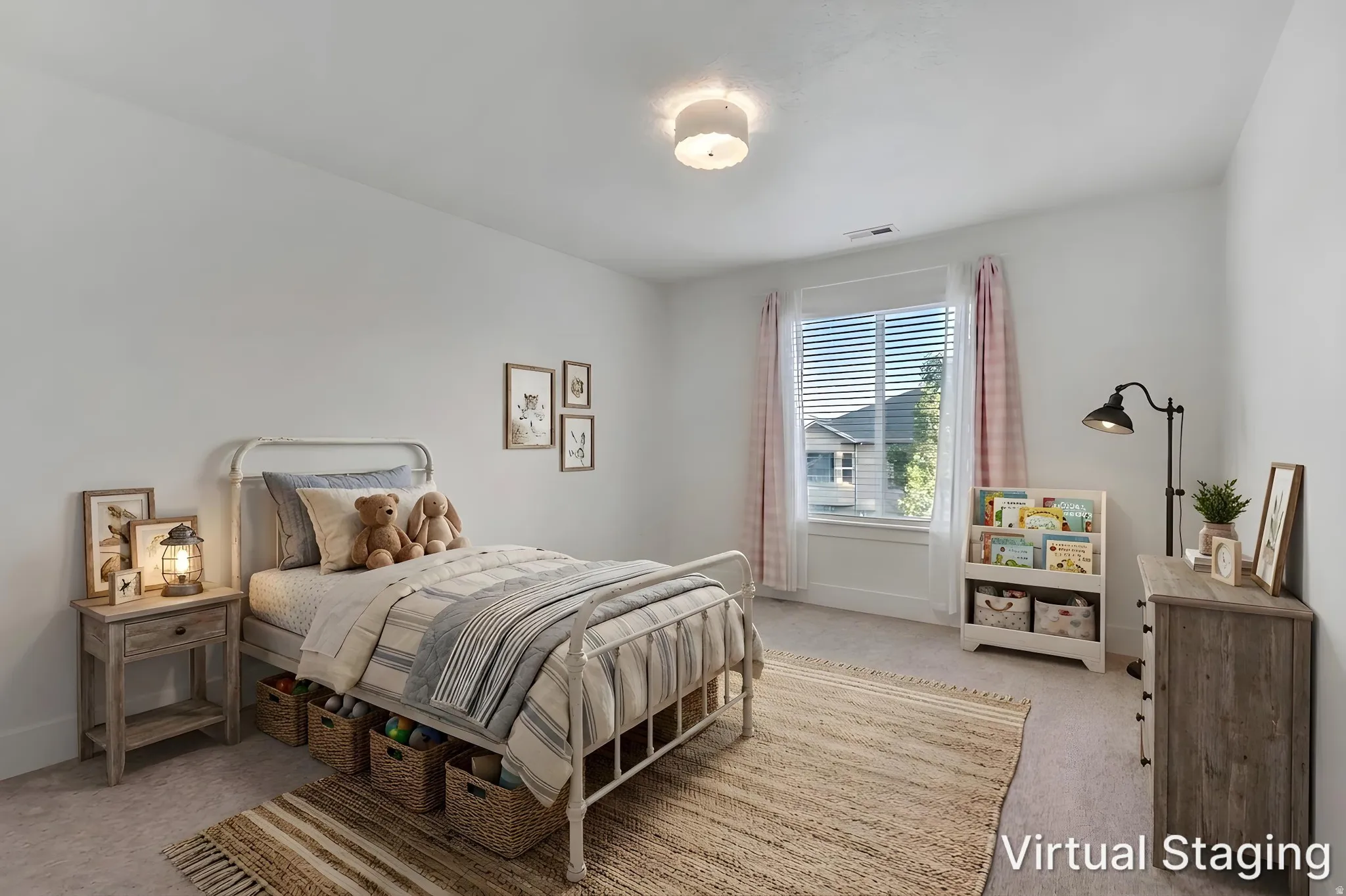 Carpeted room with a central window featuring blinds and decorative drapes