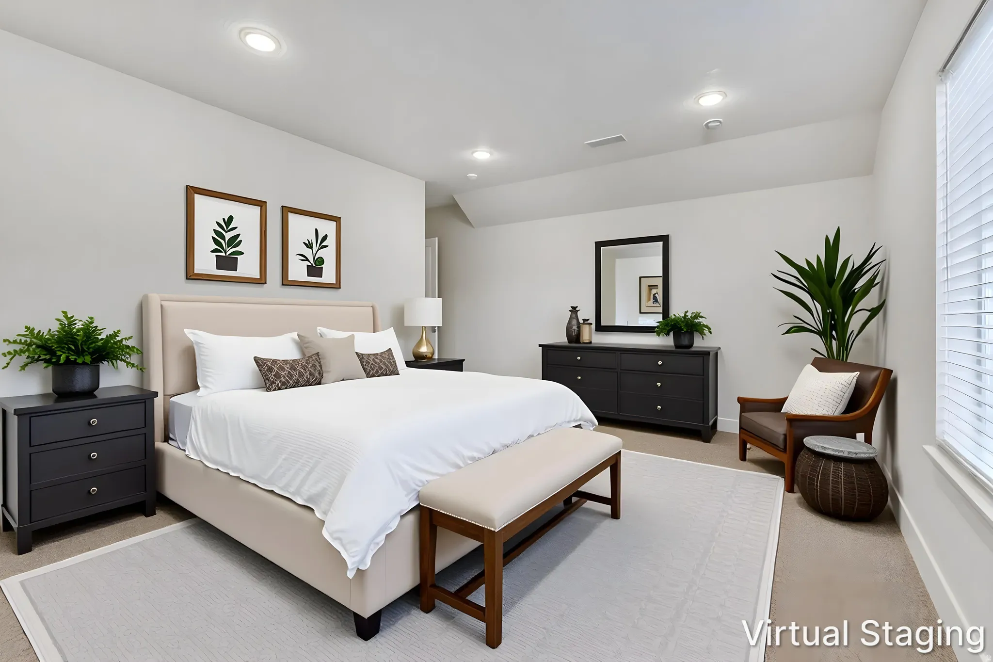 Spacious bedroom featuring light-colored walls and recessed lighting