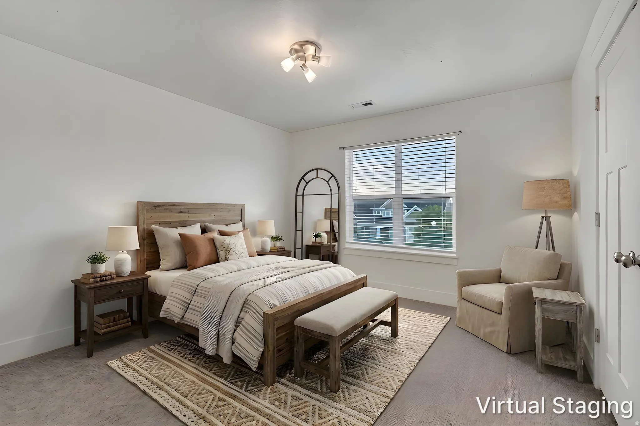 Bright interior space featuring a window with integrated blinds and a neutral color palette