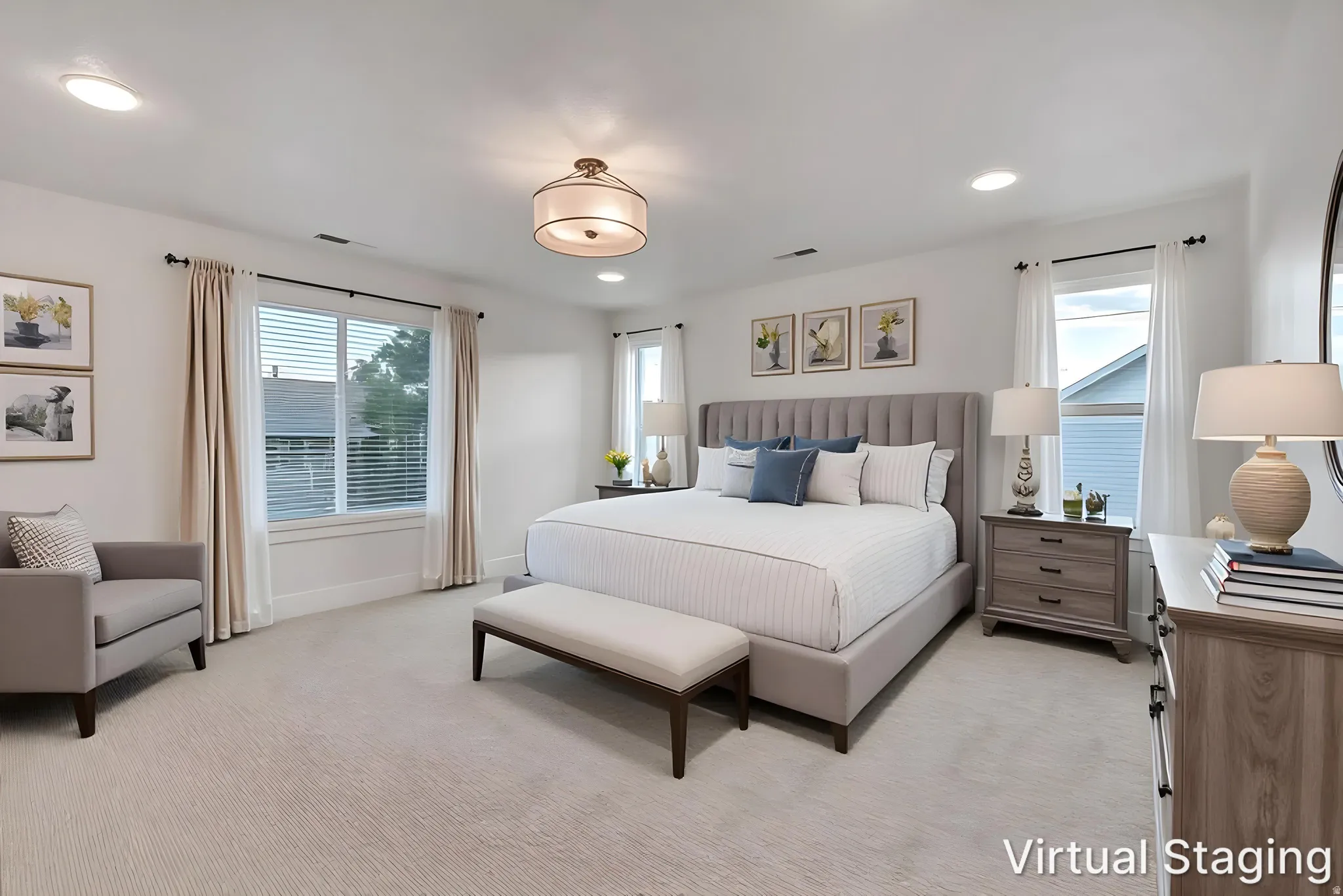 Bright bedroom featuring light-toned carpeting, multiple windows with blinds, recessed lighting, and a drum-style ceiling light fixture