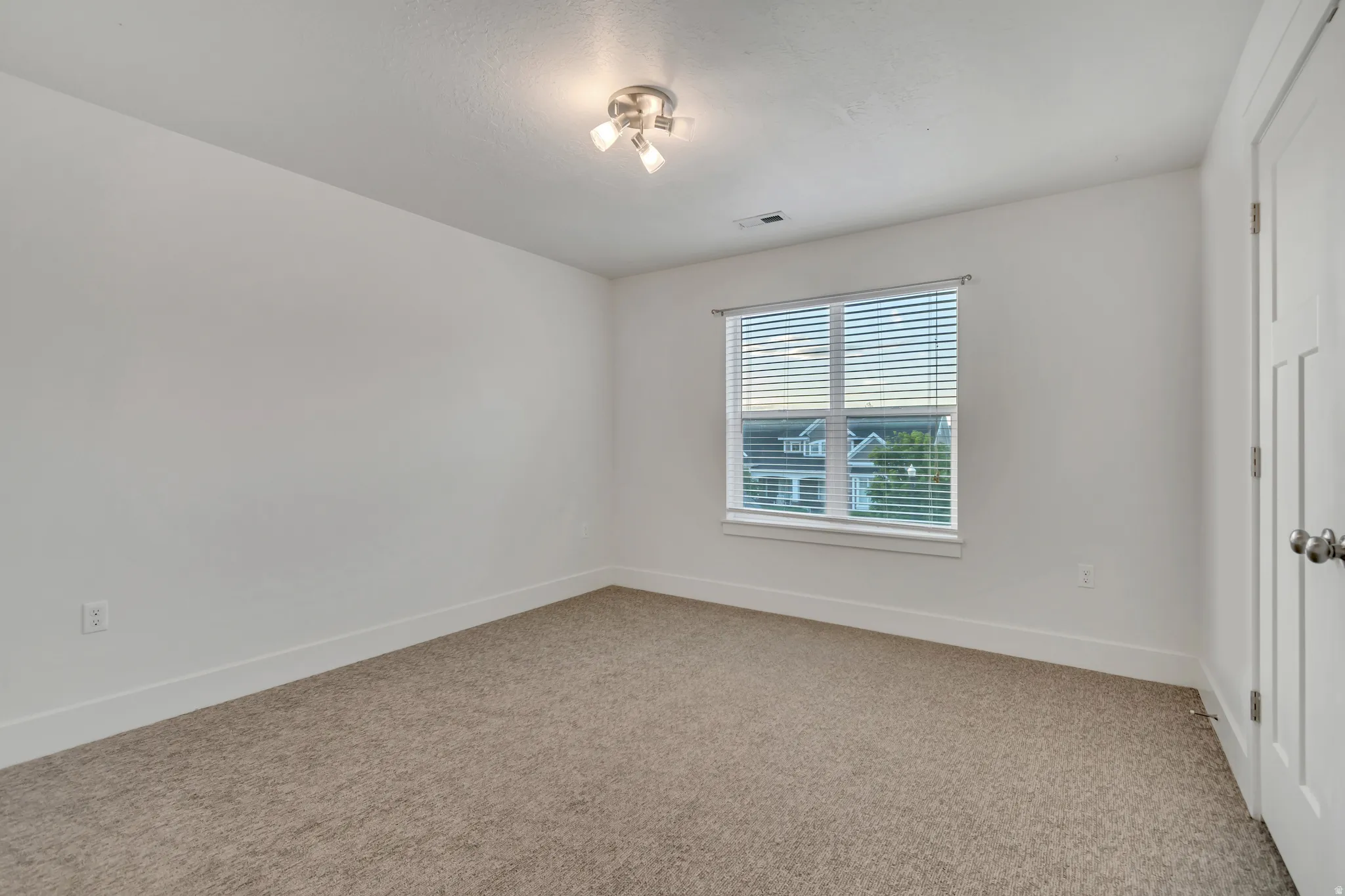 Carpeted room with a modern flush-mount lighting fixture, white window blinds, and a paneled interior door with a brushed nickel knob
