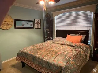Carpeted interior room featuring a window with horizontal blinds, a dark wood-finish headboard, and a ceiling fan with integrated lighting