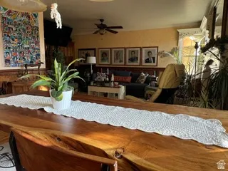Live-edge wood dining table with a visible natural grain finish