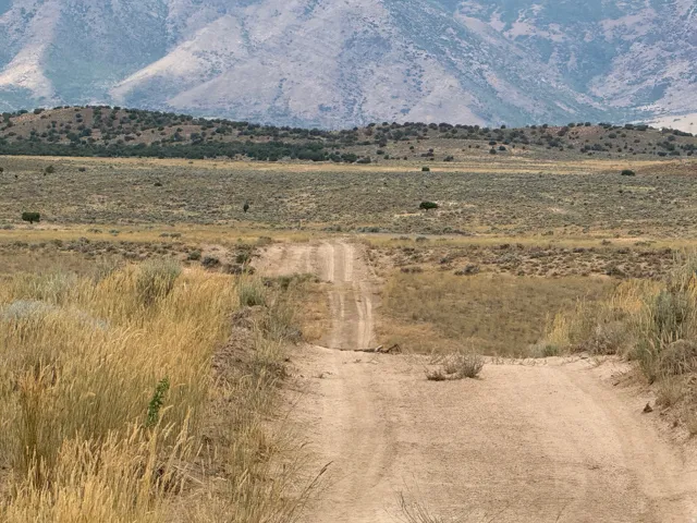 Expansive land parcel featuring a natural dirt road, arid grasses, low-lying shrubs, and distant mountains