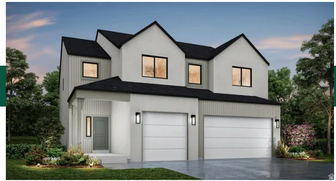 Contemporary duplex with light-toned stucco and dark trim accents