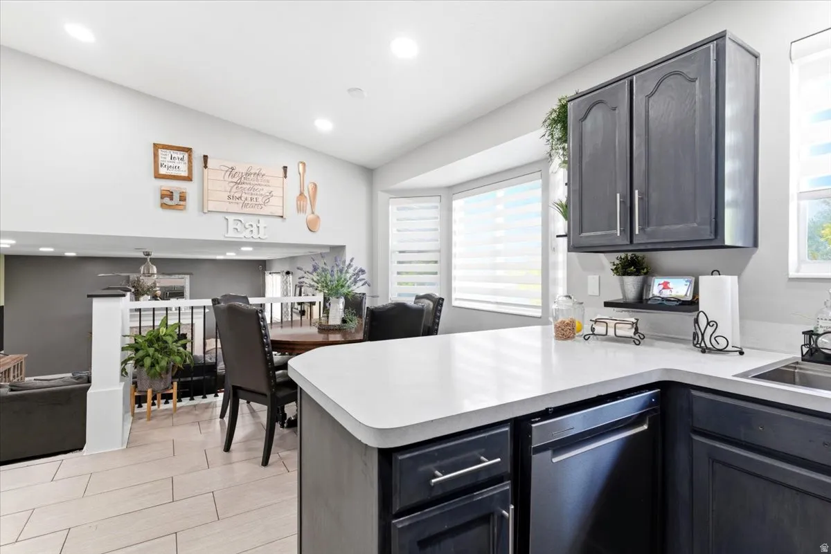 Kitchen featuring a white countertop, dark cabinetry, and integrated dishwasher