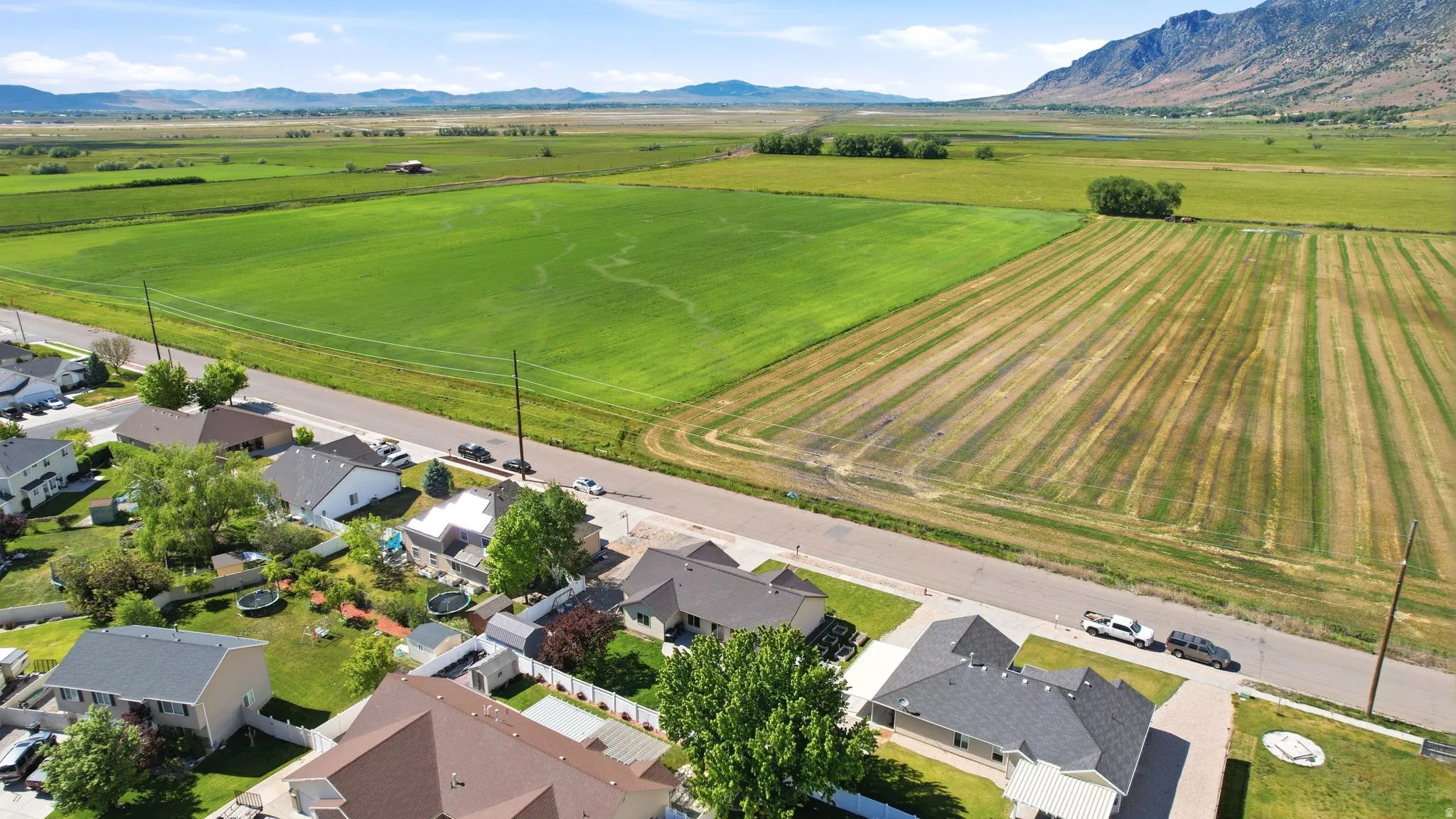 Aerial perspective showcasing a residential street bordered by expansive green fields and distant mountains