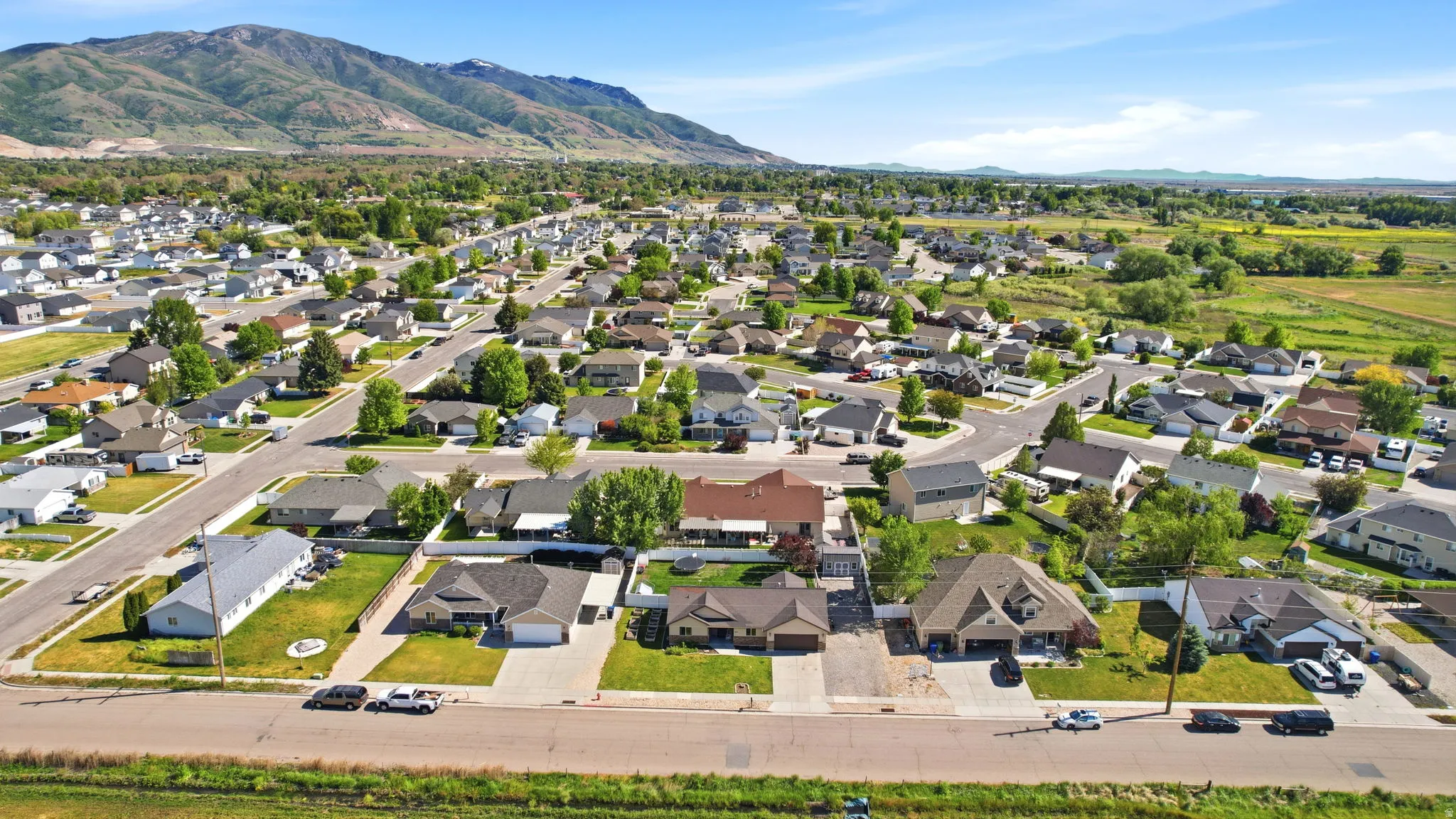 Aerial perspective showcasing a residential neighborhood with diverse architectural styles