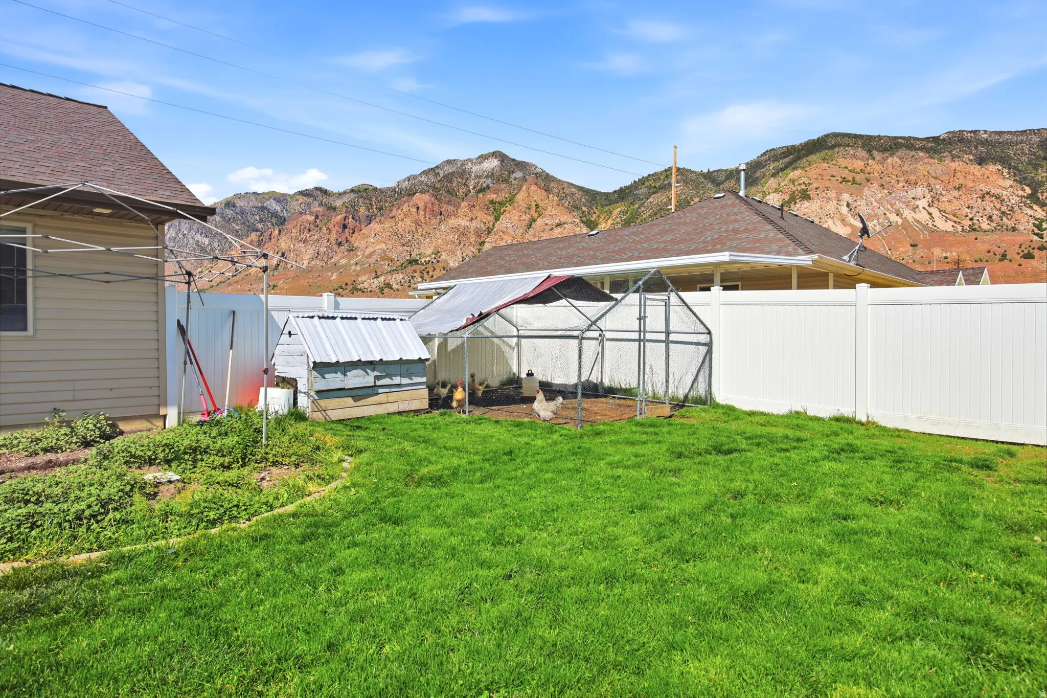 Expansive green lawn area featuring a white privacy fence, a metal-framed enclosure, and a garden bed