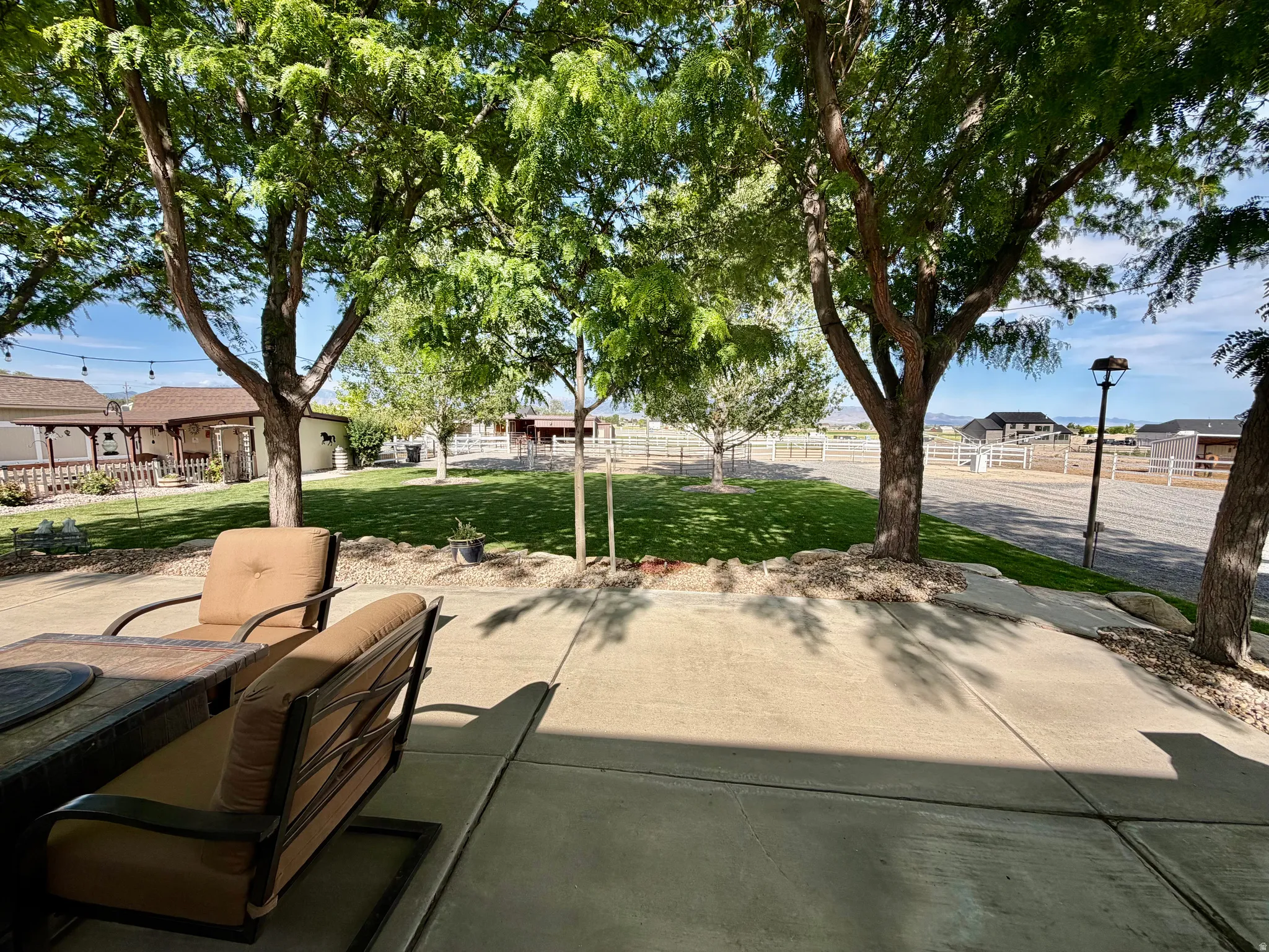 Expansive concrete patio with mature trees providing natural shade