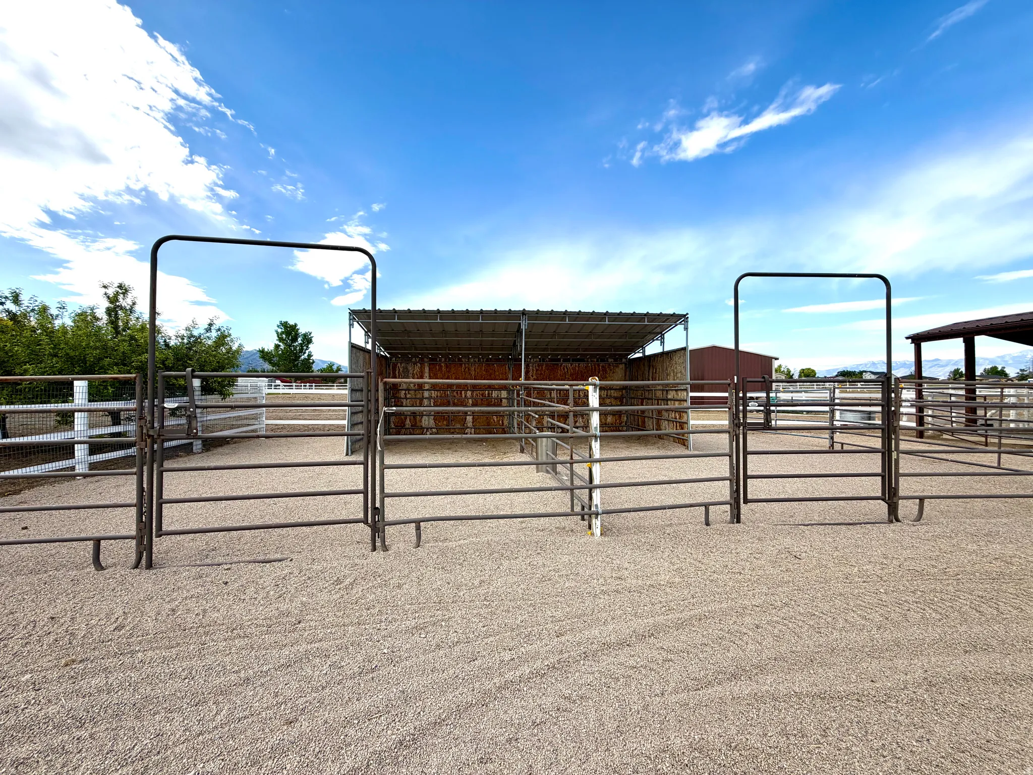 Gravel-surfaced paddock area featuring metal corrals and a covered shelter with a corrugated metal roof