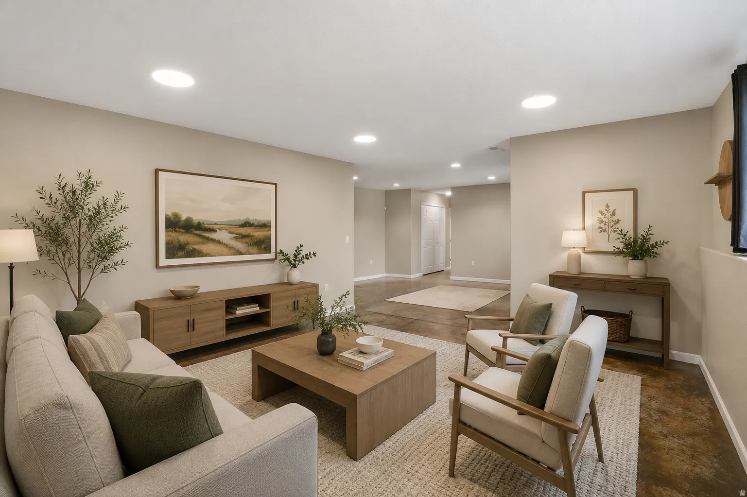 Spacious living area featuring neutral-toned walls, recessed ceiling lighting, and durable concrete flooring