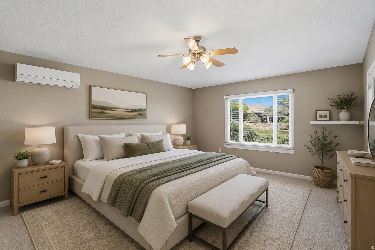 Bedroom featuring a ceiling fan with light fixture, window with horizontal blinds, and a wall-mounted mini-split AC unit
