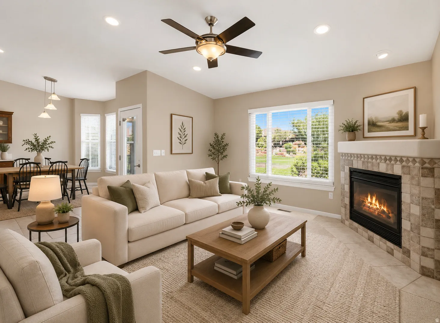 Inviting living area featuring a corner fireplace with tile surround, a large window overlooking exterior greenspace, and recessed lighting