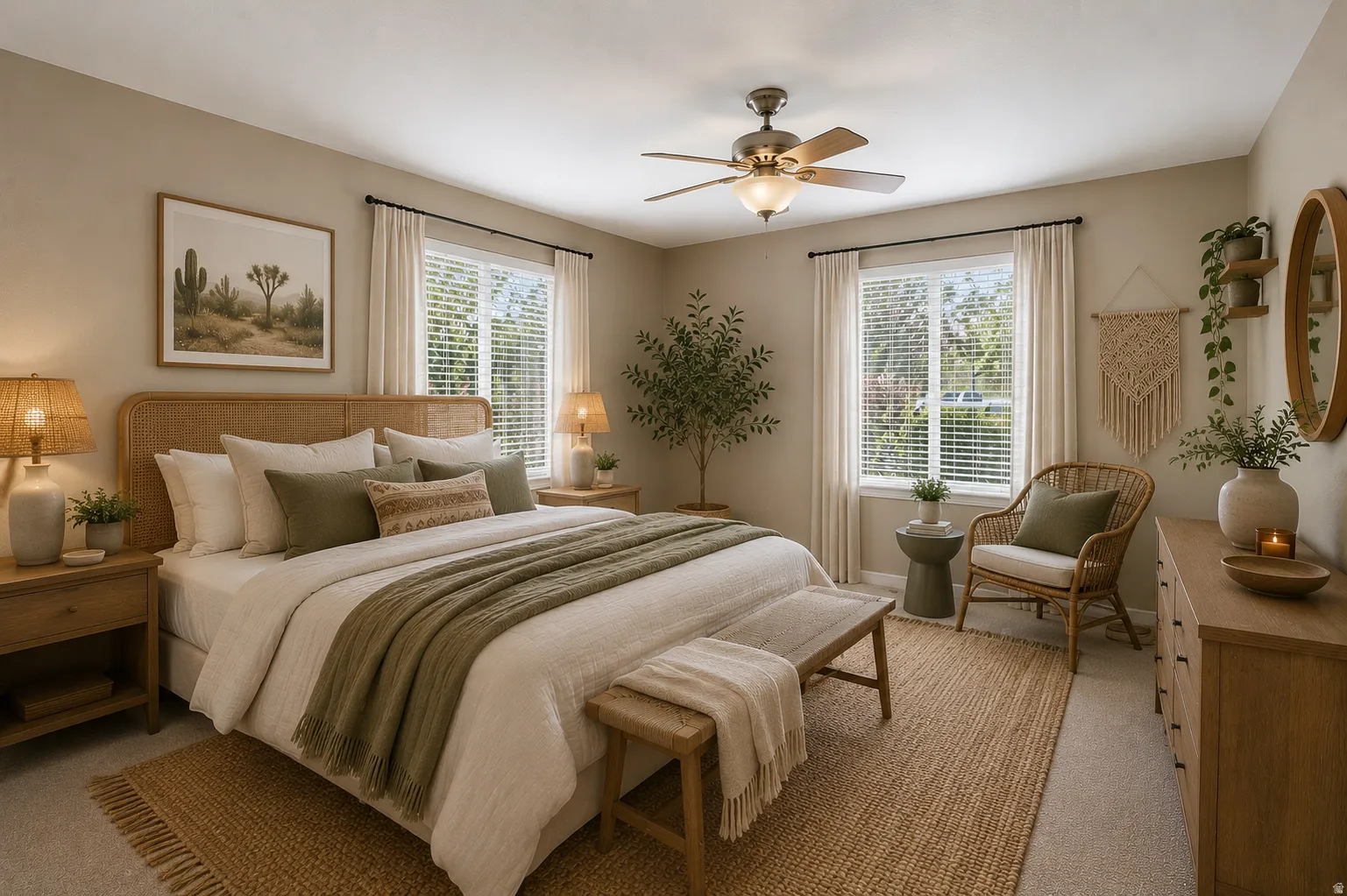 Spacious bedroom featuring light-toned walls, a ceiling fan with integrated lighting, two windows with blinds, and neutral carpeting