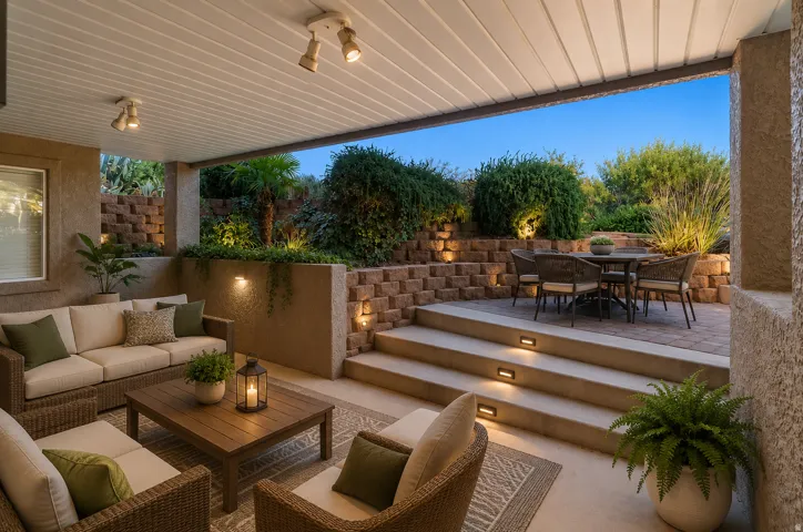 Covered patio with recessed lighting and a ceiling fan