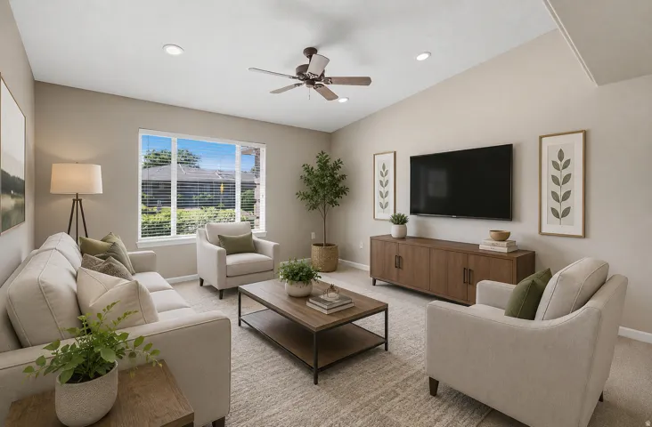 Vaulted ceilings with recessed lighting and a ceiling fan