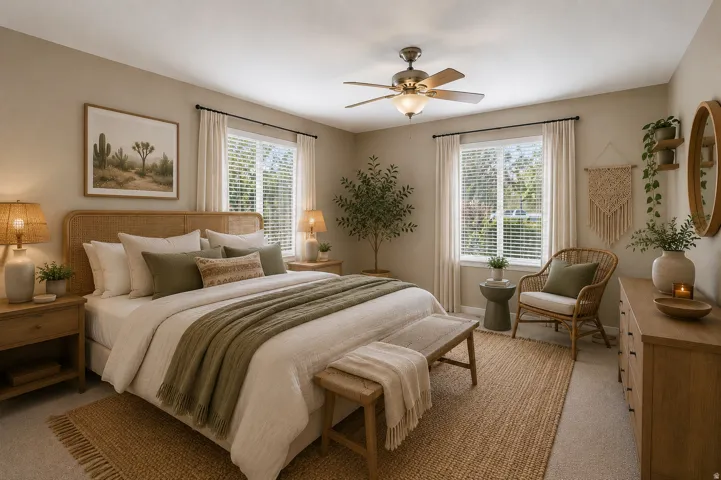 Spacious bedroom featuring light-toned walls, a ceiling fan with integrated lighting, two windows with blinds, and neutral carpeting