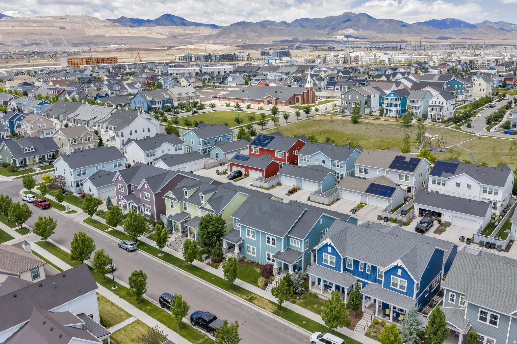 Aerial perspective showcasing a residential community with diverse home styles