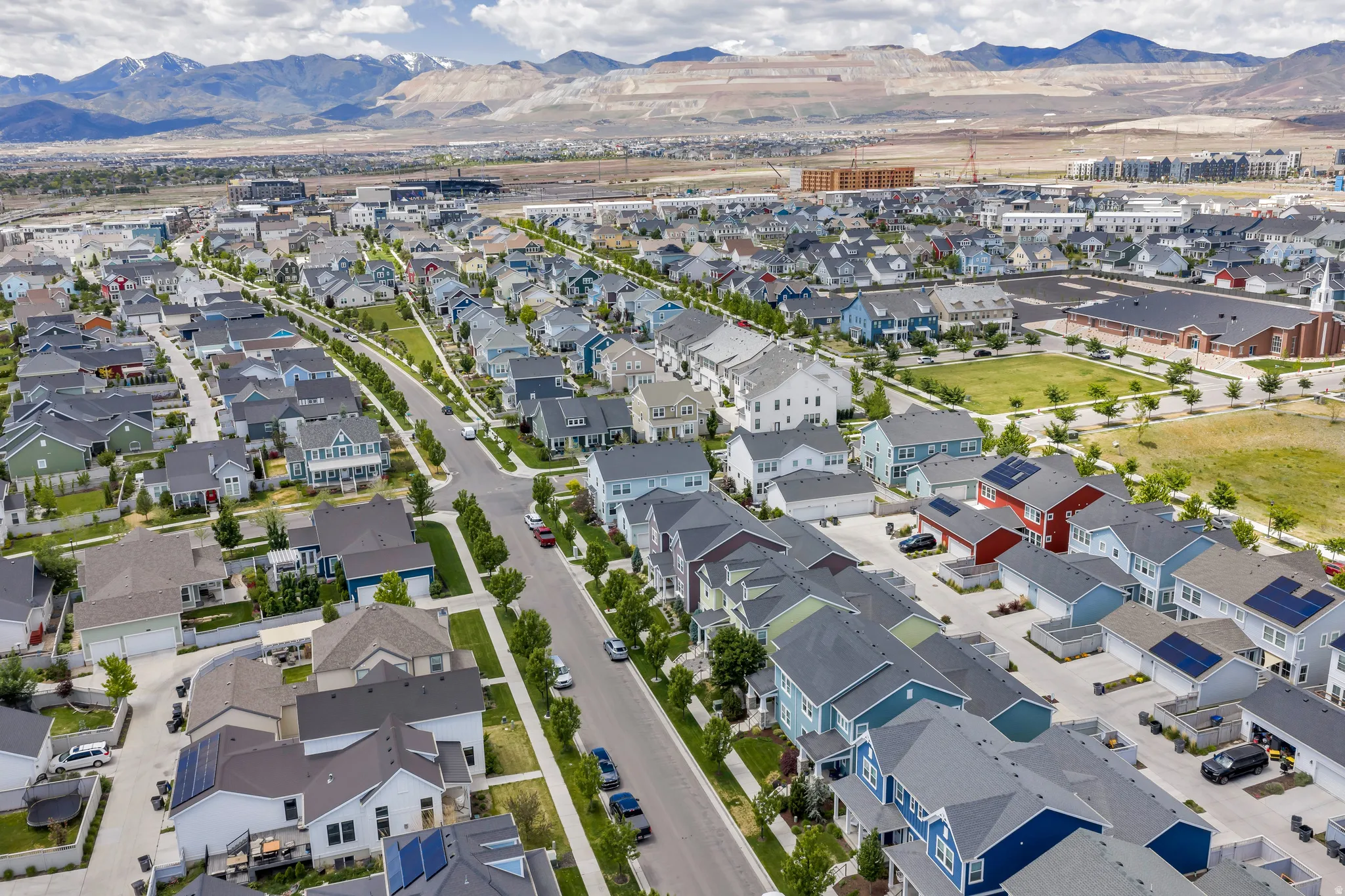 Aerial view showcasing a residential community with varied architectural styles