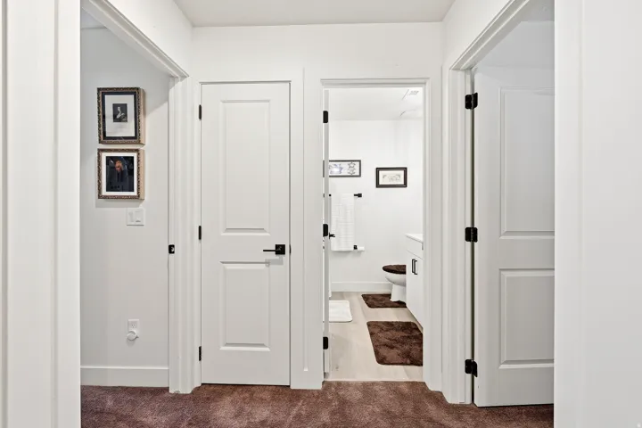 Hallway with white paneled doors featuring matte black hardware, leading to a bathroom with wood-finish flooring and a white vanity