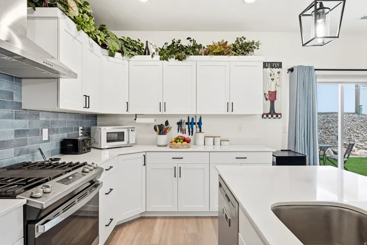 Kitchen featuring white shaker cabinetry, stainless steel appliances, a tile backsplash, light wood-finish flooring, and a sliding glass door to the backyard