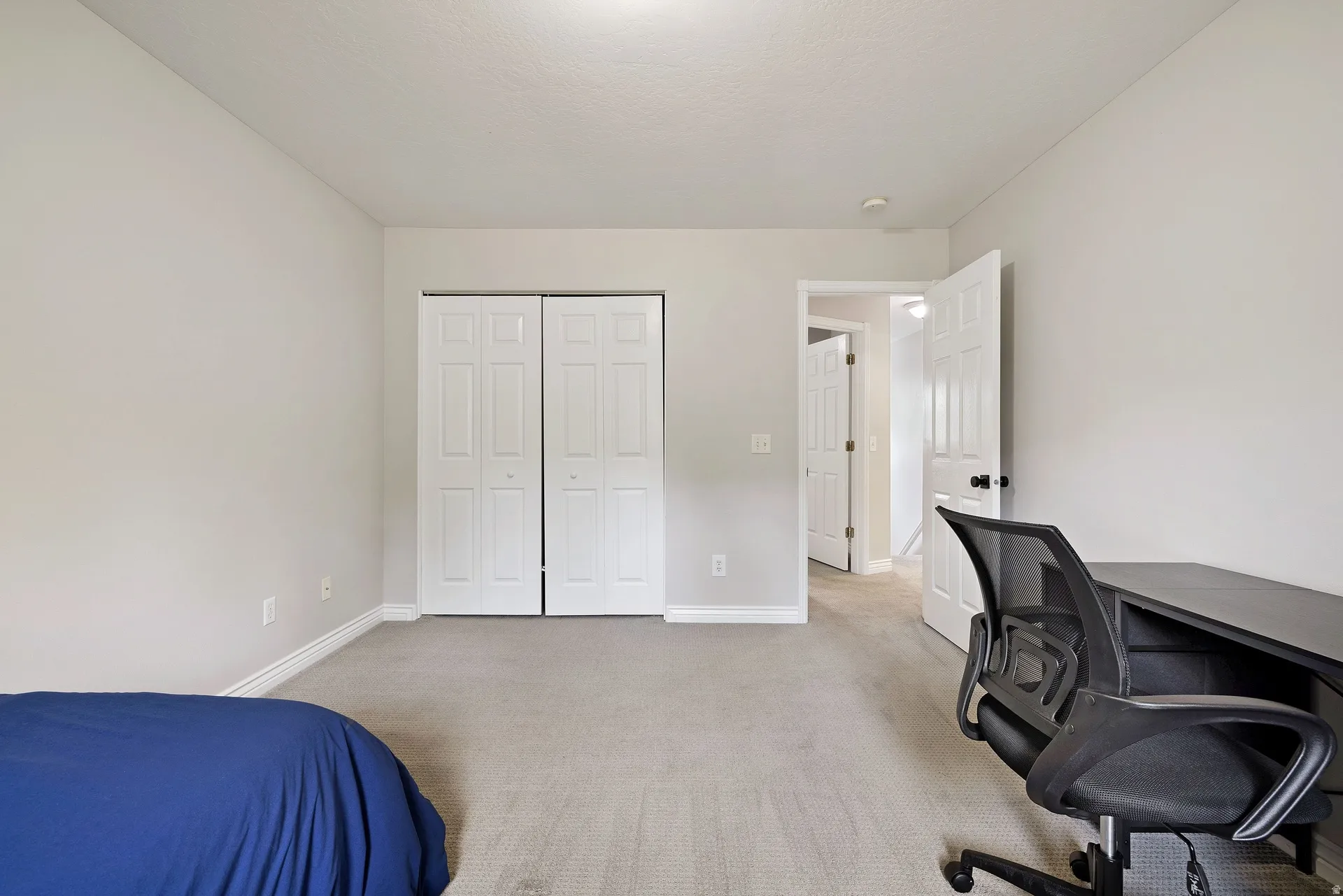 Neutral wall paint with white trim, light gray carpeting, and bi-fold closet doors