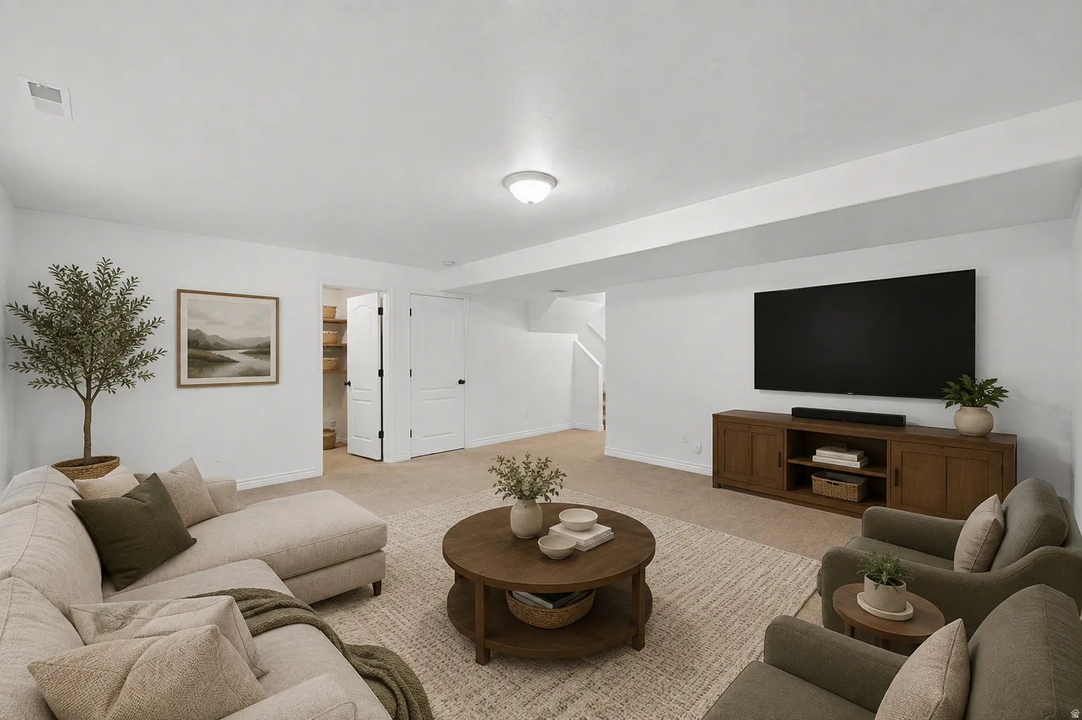 Virtually staged basement living room
