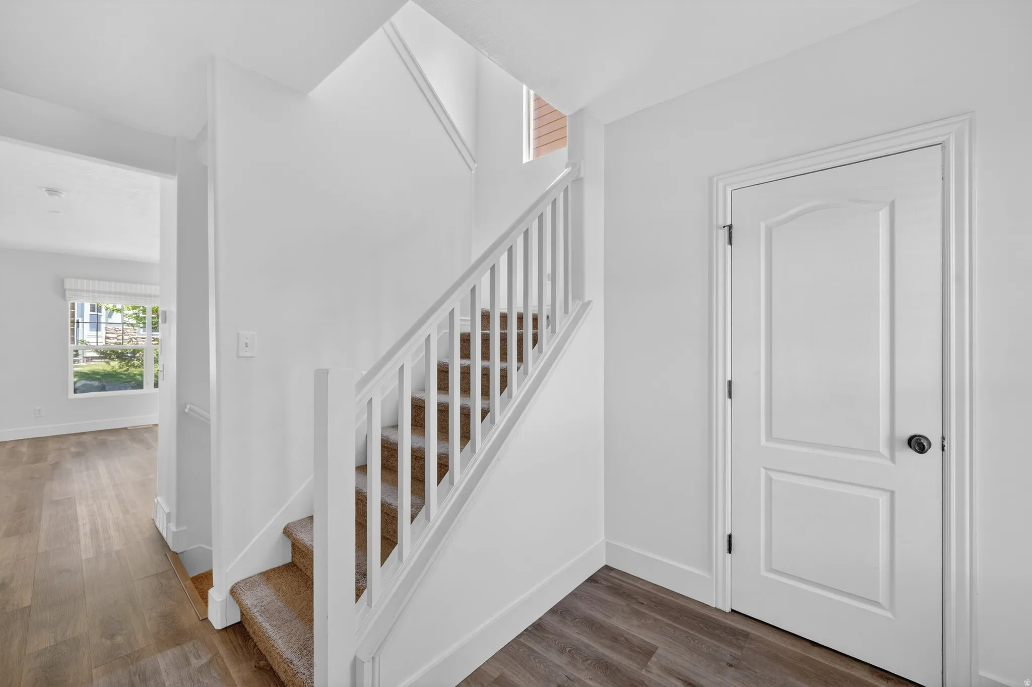 Modern entryway featuring wood-finish flooring, a carpeted staircase with white railings, and a two-panel interior door