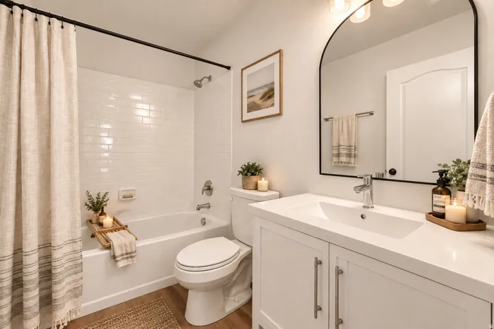 Integrated bathtub and shower with subway tile surround, white vanity with integrated sink, arched wall mirror, and wood-finish flooring