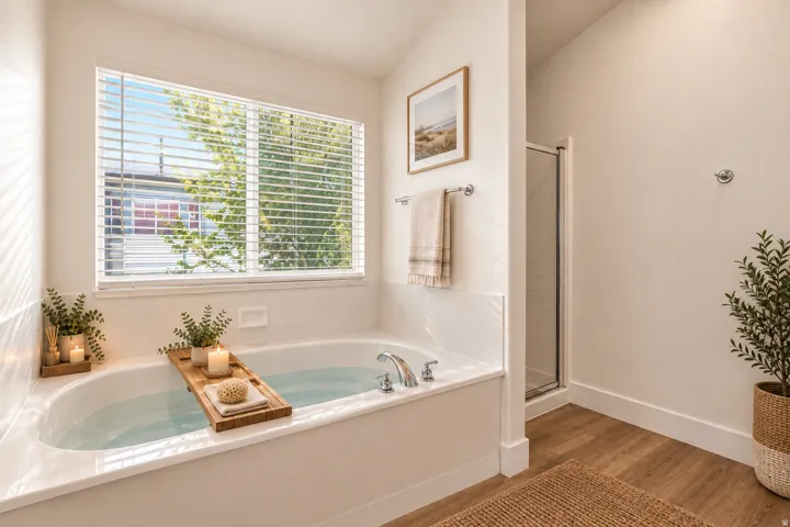 Soaking tub with chrome fixtures, wood-finish flooring, and a glass-enclosed shower
