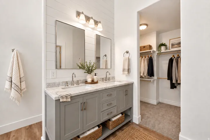Dual vanity with undermount sinks and light-toned countertop