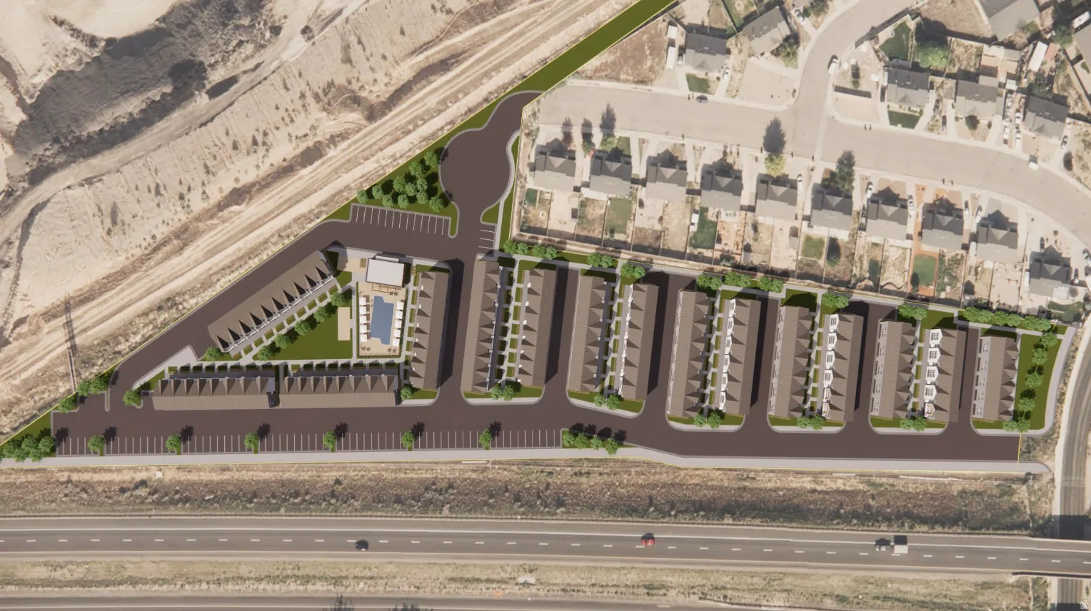 Expansive property layout featuring multiple rows of residential units
