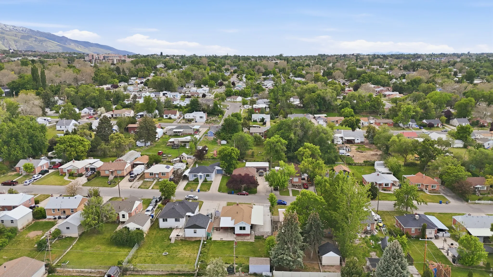 Expansive residential area featuring a diverse collection of single-family homes, mature trees, and a mountain backdrop