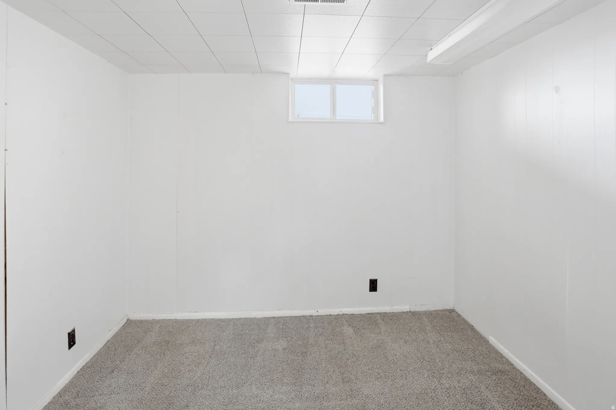 Finished room featuring neutral carpeting, white paneling walls, a drop ceiling, and a high window