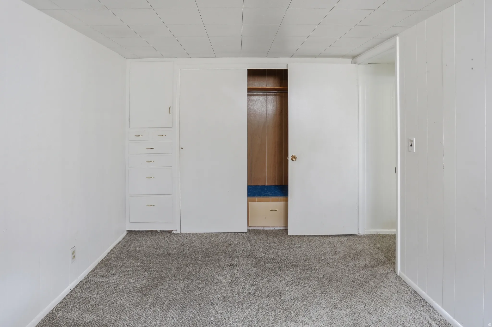 Interior room featuring light gray carpet flooring, white painted walls, and a white paneled ceiling