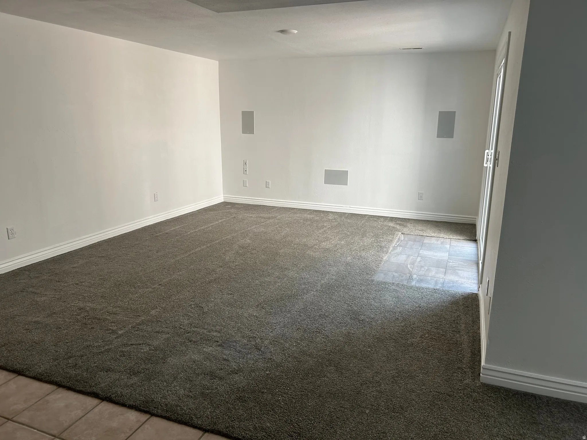 Spacious room featuring neutral carpeting, white walls, and white baseboards
