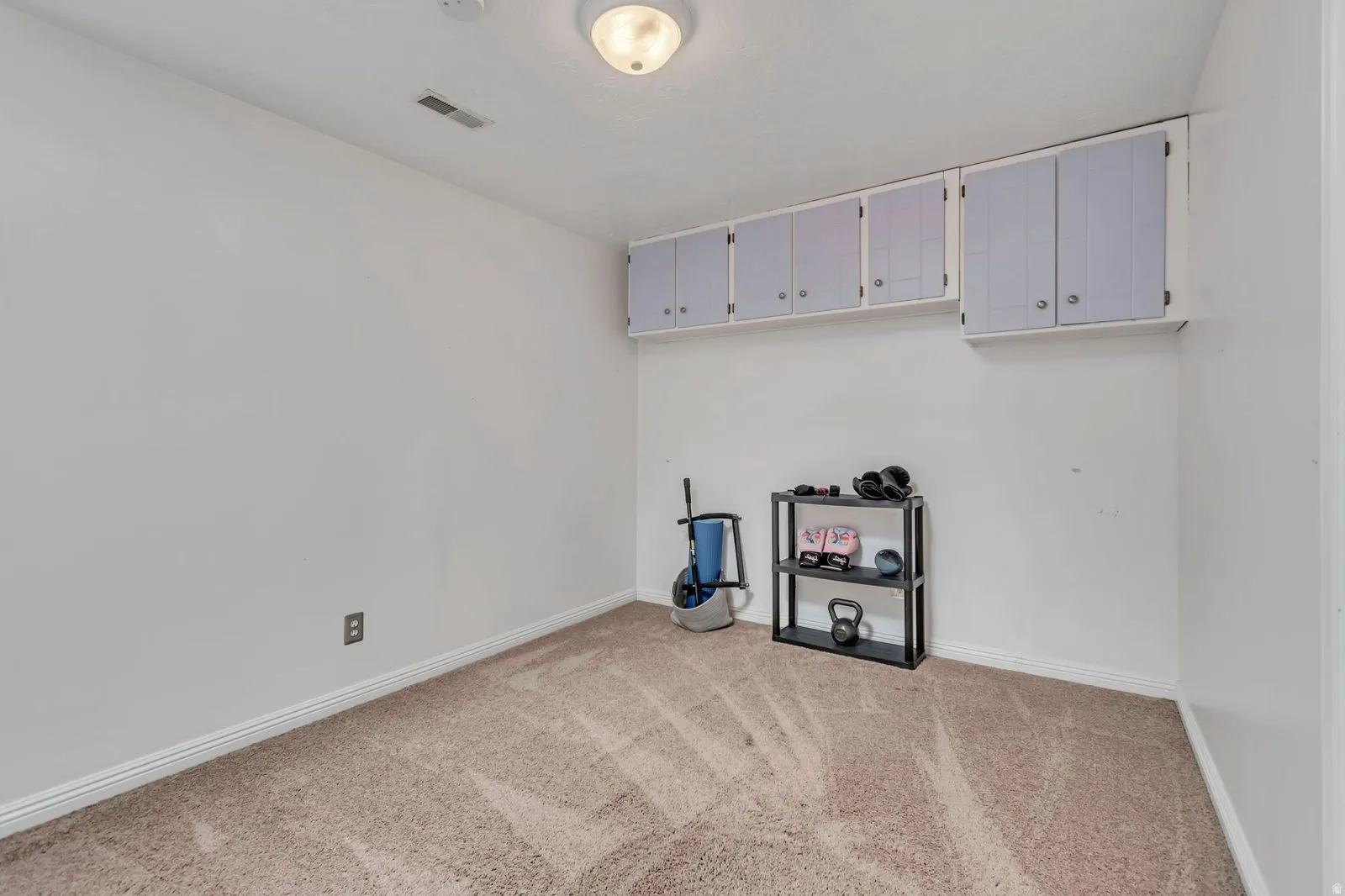 Room featuring wall-to-wall carpeting, white walls, and a ceiling-mounted light fixture