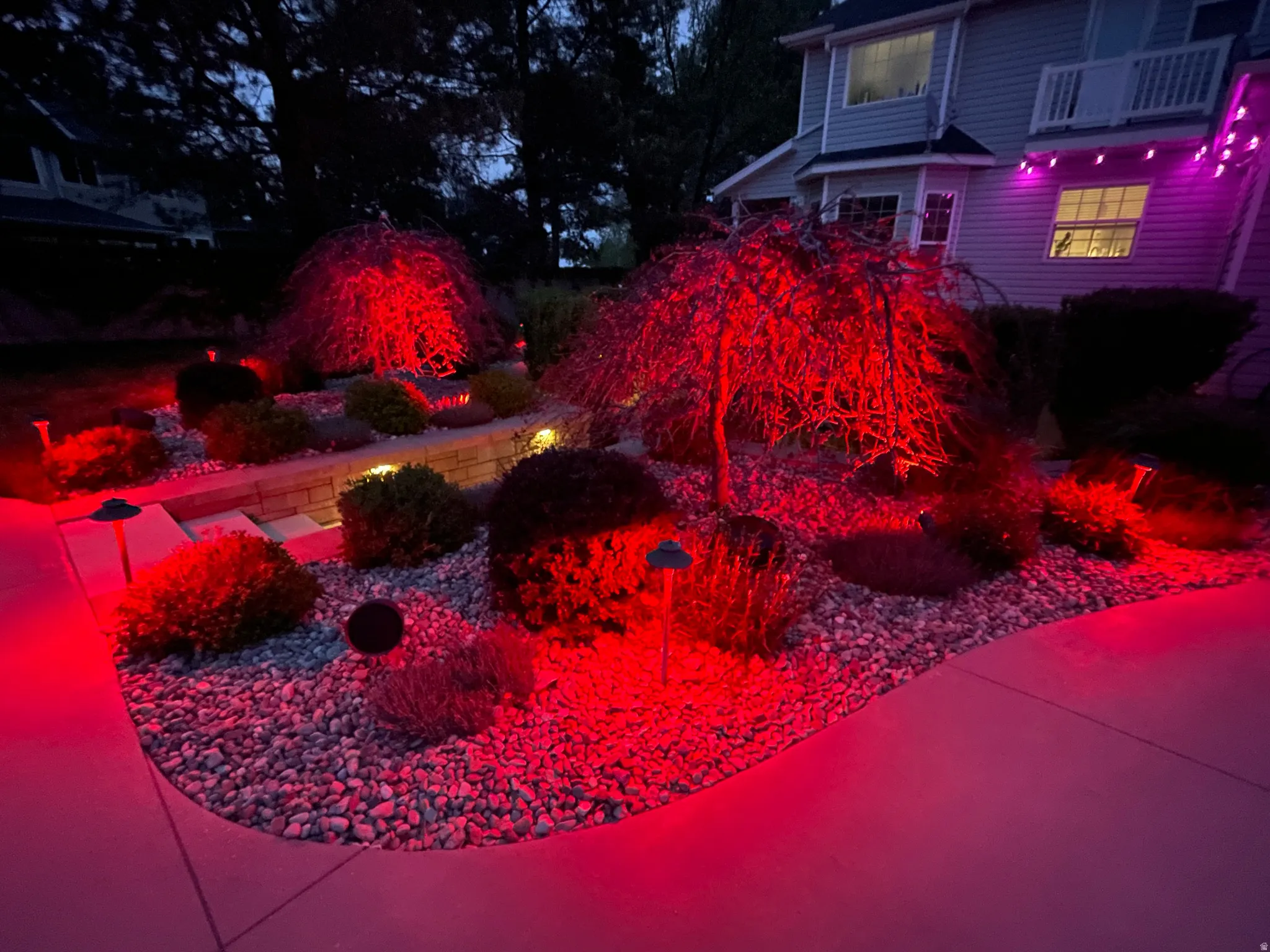 Landscaped yard featuring decorative rock and mature plantings
