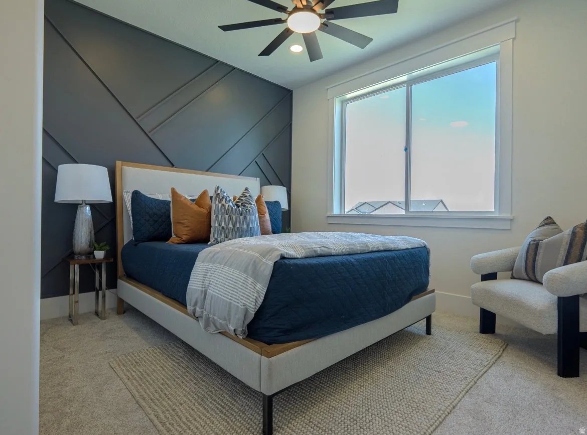 Geometric accent wall with dark paneling