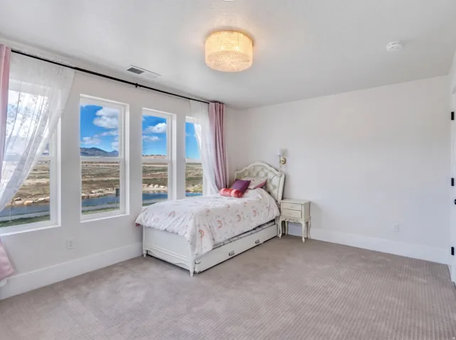 Wall-to-wall carpeting, multiple windows, mounted wall sconce, and a ceiling-mounted light fixture