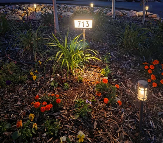 Illuminated address number display with surrounding landscape lighting, mulched garden beds, and various low-maintenance plantings
