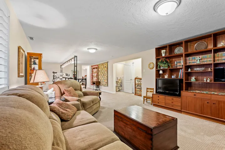 Carpeted living area featuring a built-in wood-finish entertainment center with shelving and integrated cabinetry