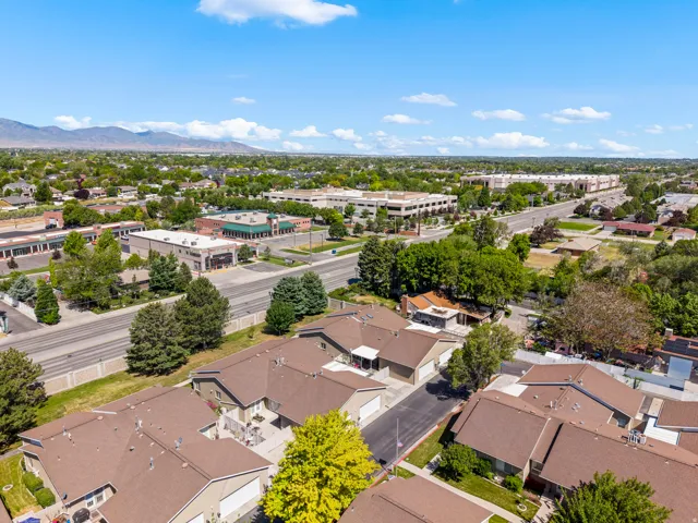 Aerial perspective showcasing residential rooftops with mature trees, commercial buildings, and a distant mountain range under a clear sky