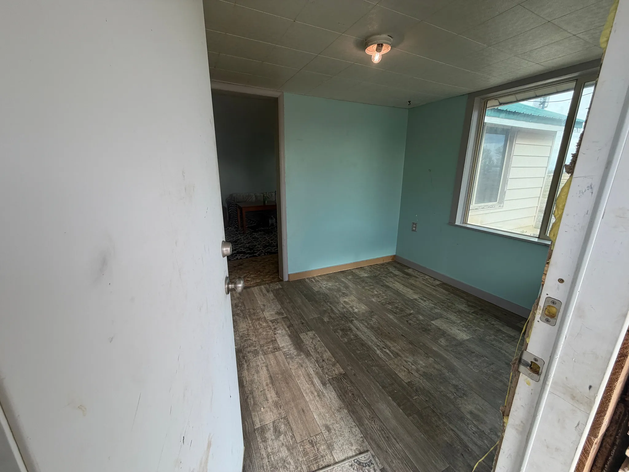 Room featuring wood-finish flooring, light blue painted walls, and a single window
