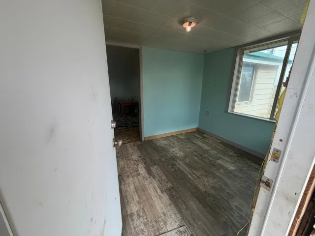Room featuring wood-finish flooring, light blue painted walls, and a single window