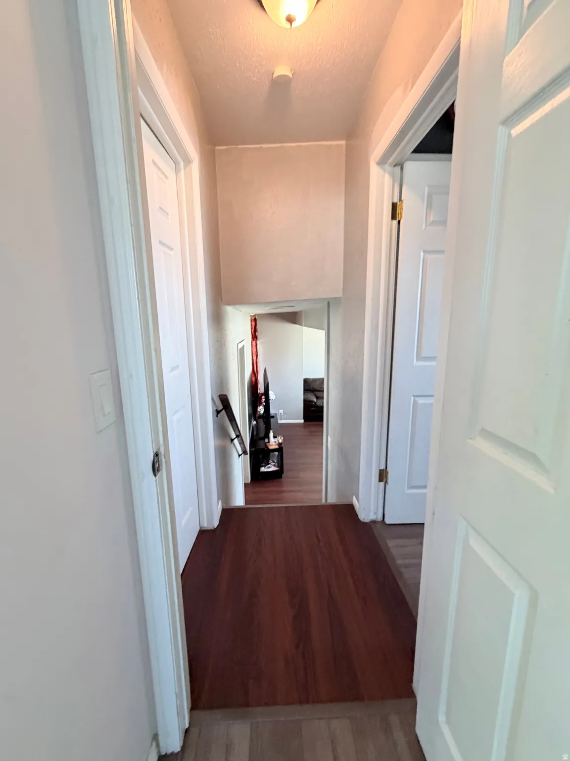 Hallway featuring laminate wood-finish flooring, light-toned walls, and multiple panel doors